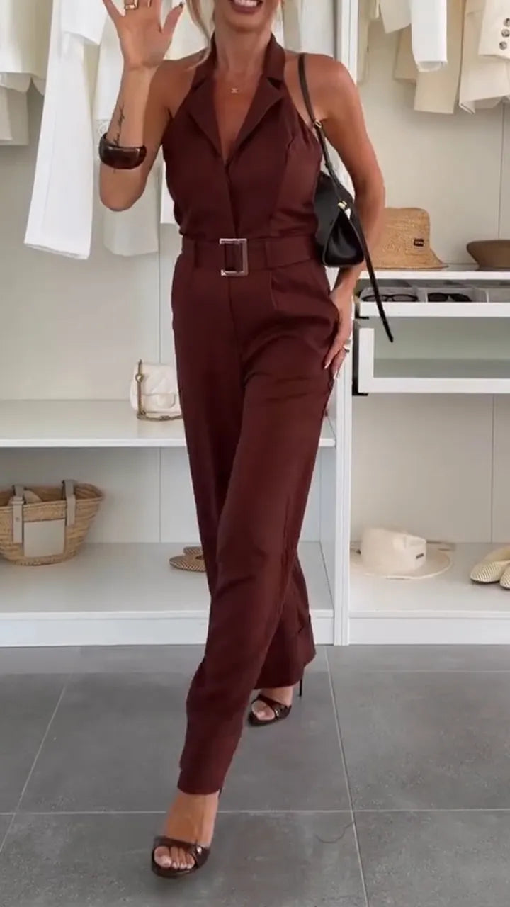 Women Collarless Sleeveless Waist Cinching Temperament Commuter Jumpsuit