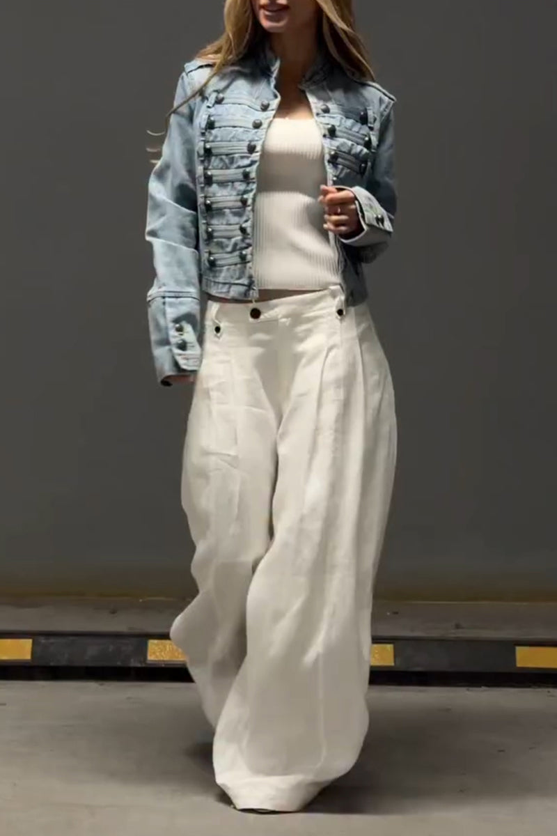 Women's Casual Knot Button Decoration Cropped Denim Jacket