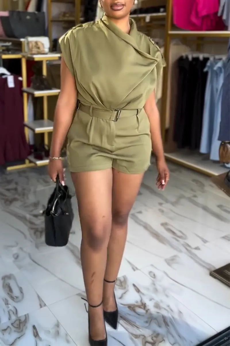 Women Round Neck Patchwork Elegant Temperament Short Jumpsuit