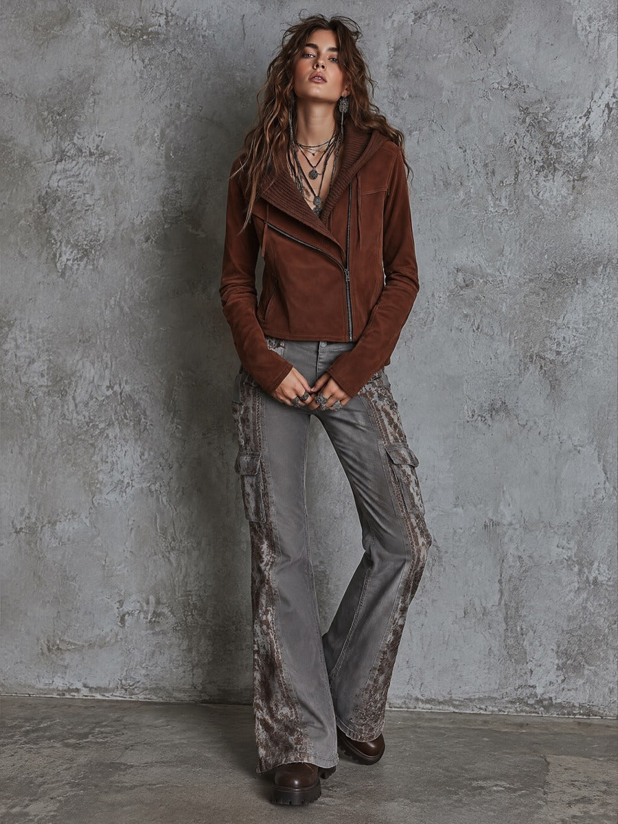 Women's Rust Brown Faux Suede Asymmetric Zip Moto Jacket with Rib-Knit Collar
