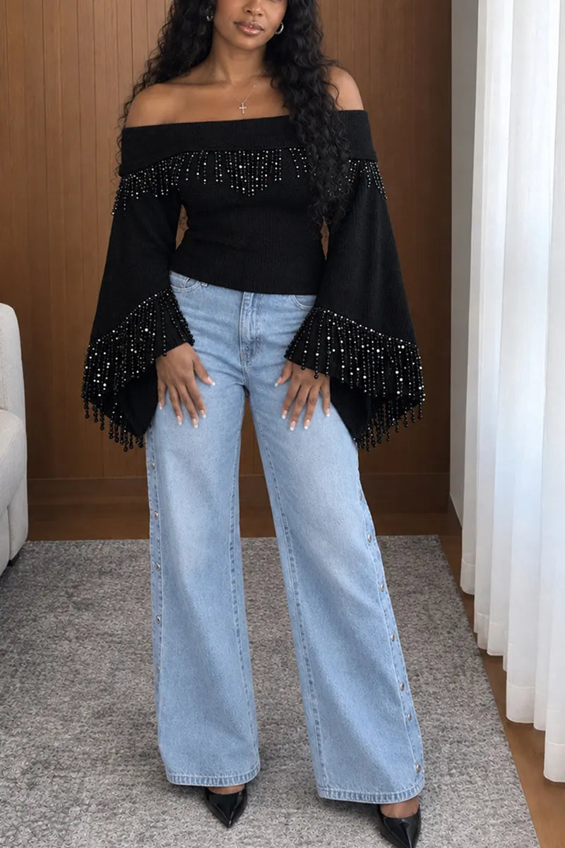Women's Slim Fit Off Shoulder Rhinestone Fringe Black Bell Sleeve Top