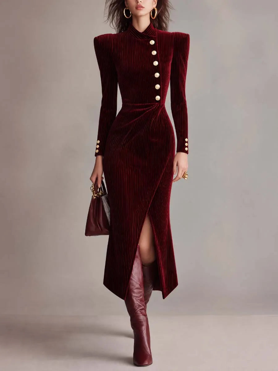 Burgundy Ribbed Velvet Structured Shoulders Gold Buttons Midi Dress With Front Slit