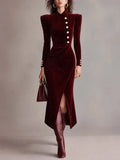 Burgundy Ribbed Velvet Structured Shoulders Gold Buttons Midi Dress With Front Slit