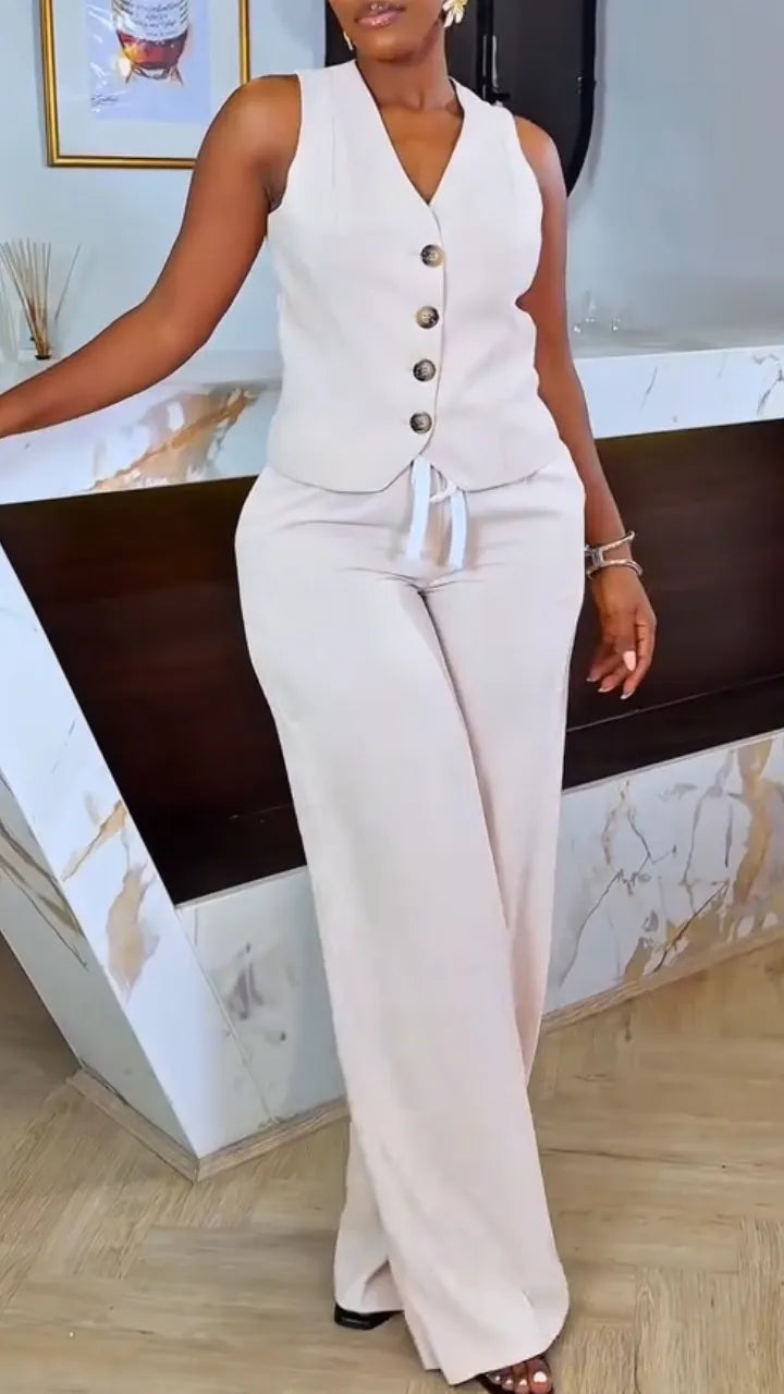 Women V-neck Breasted Top and Pants Casual Suit
