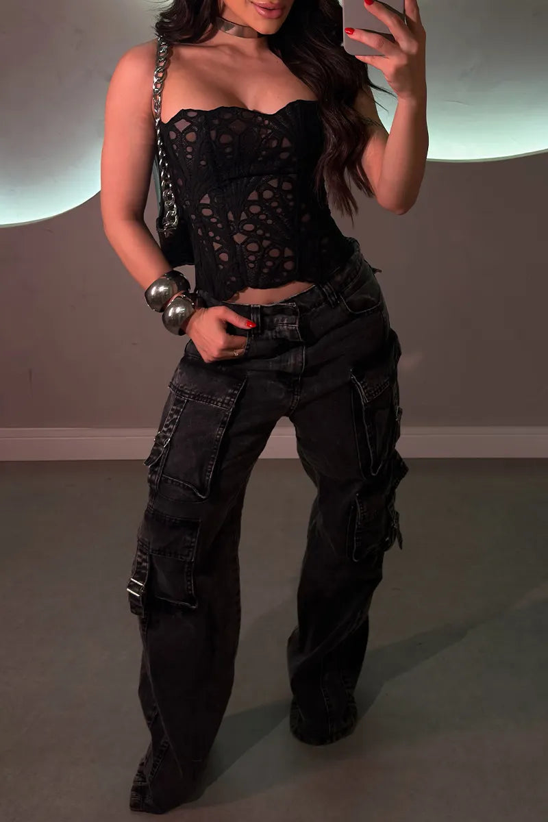 Women's Sexy Casual Strapless Fishbone Top or Patchwork Multi Pocket Jeans