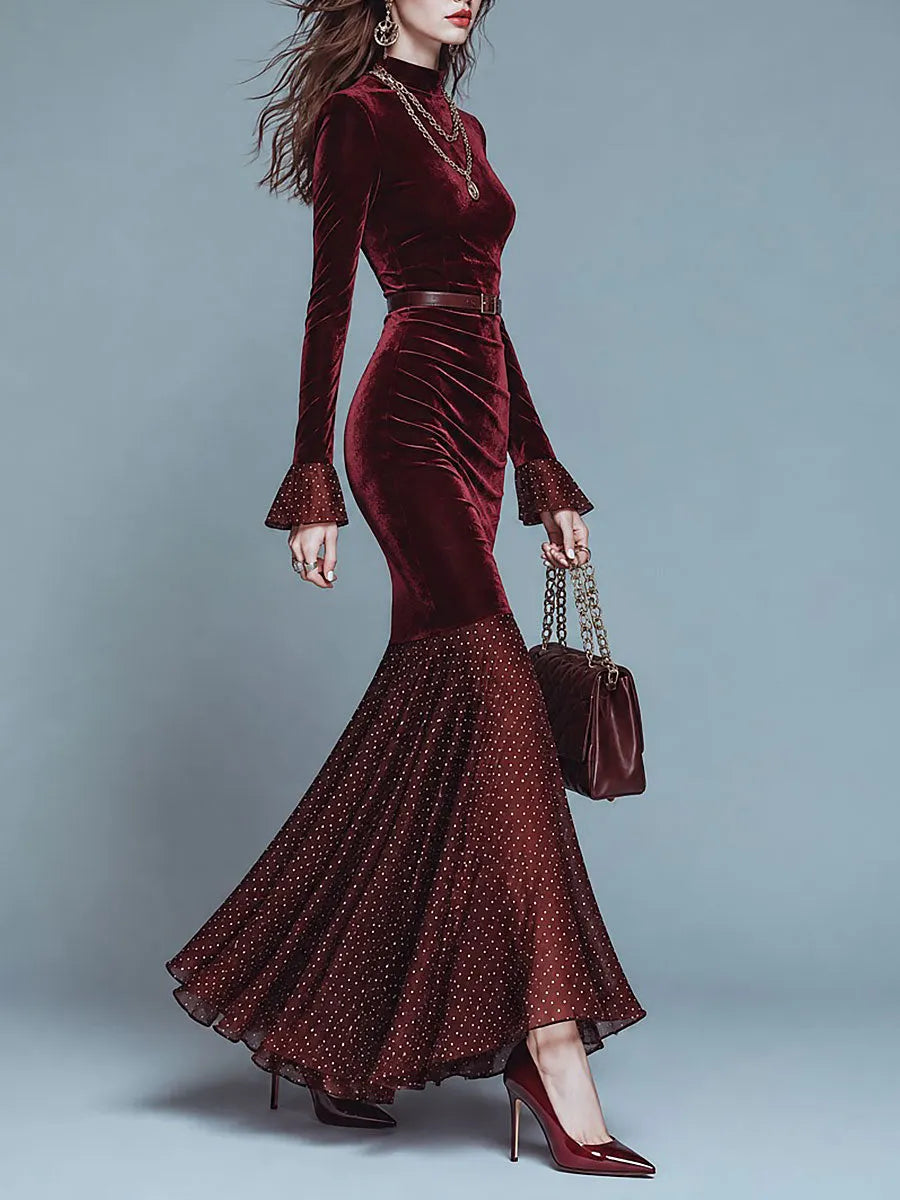 Elegant Burgundy Velvet Mermaid Maxi Dress with Polka Dot Flounce Hem