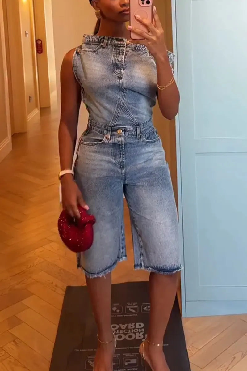 Women Patchwork Washed Denim Jumpsuit