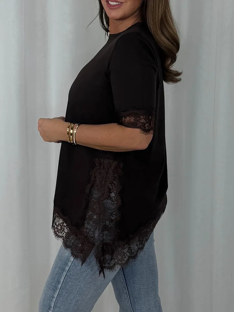 Women Round Neck Patchwork Lace Irregular Casual Top