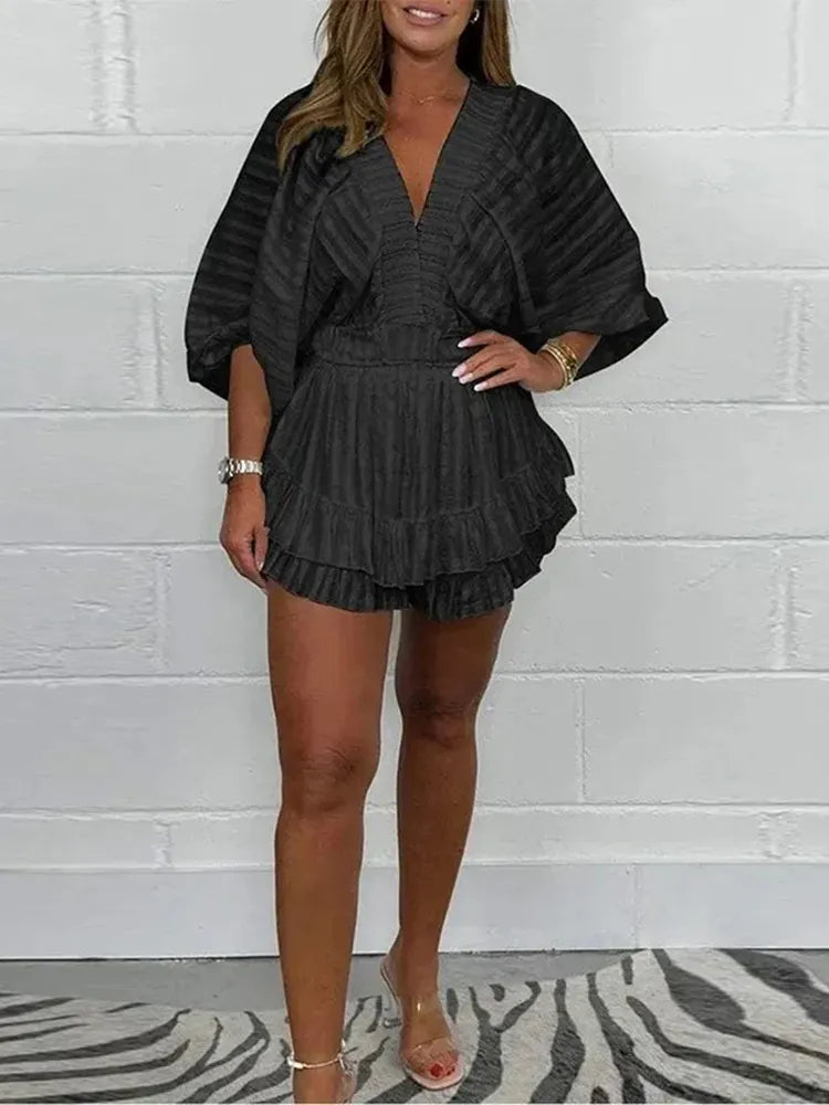 Women V-neck Top+ Splicing Half Skirt Casual Set