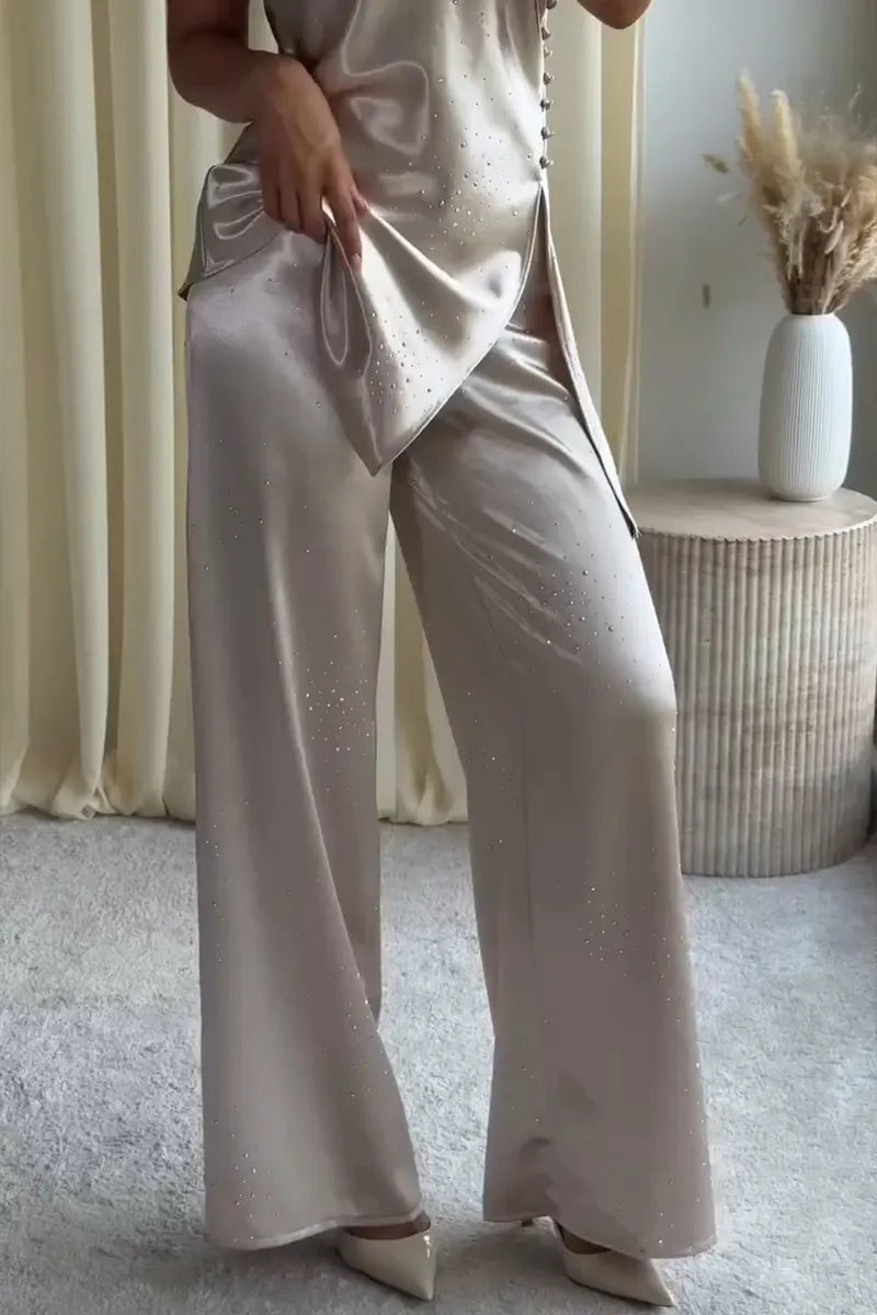 Women's Elegant Satin Rhinestone Vest Pants Set