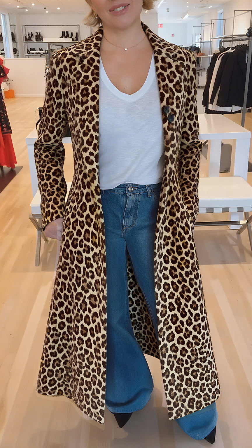 Women Lapel Leopard Print Casual Flared Coat