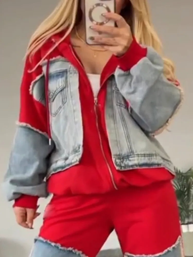 Women Collared Patchwork Denim Casual Suit