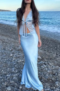 Women Deep V-neck Top + Satin Half Skirt Elegant Temperament Vacation Travel Style Set
