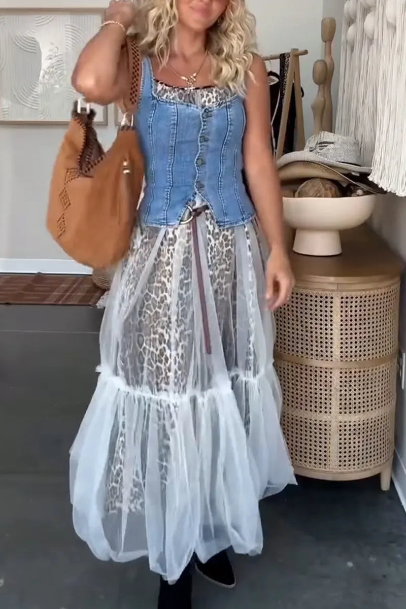 Women Casual Camisole Patchwork Leopard Print Dress or Denim Vest