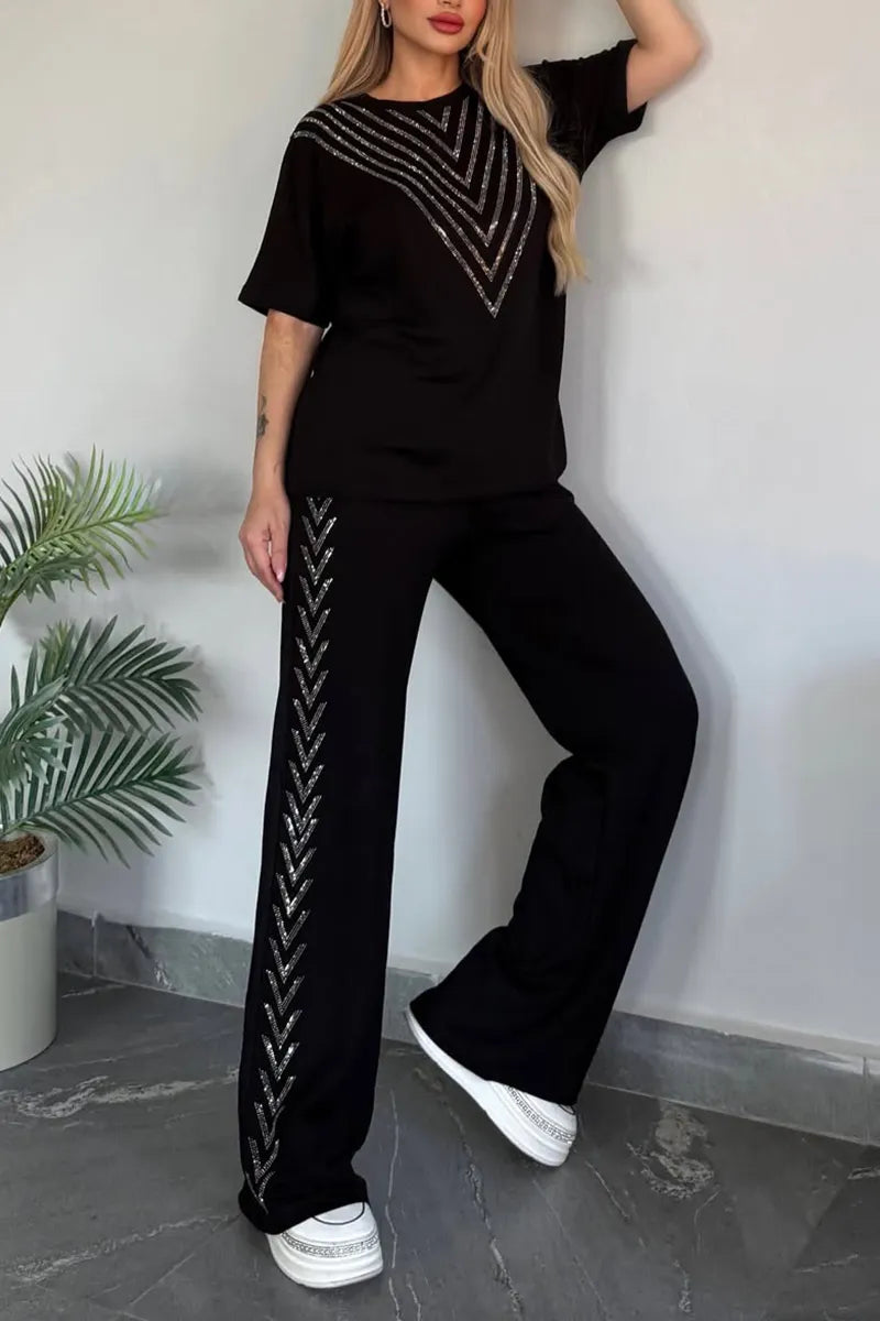 Women Round Neck Rhinestone Splicing Perspective Top+ Pants Casual Suit