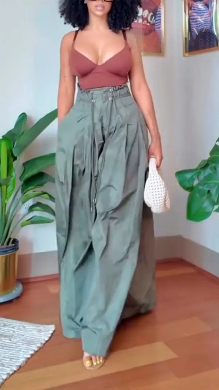 Women High Waisted Drawstring Casual Wide Leg Pants