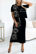 Women's casual rose print skirt suit