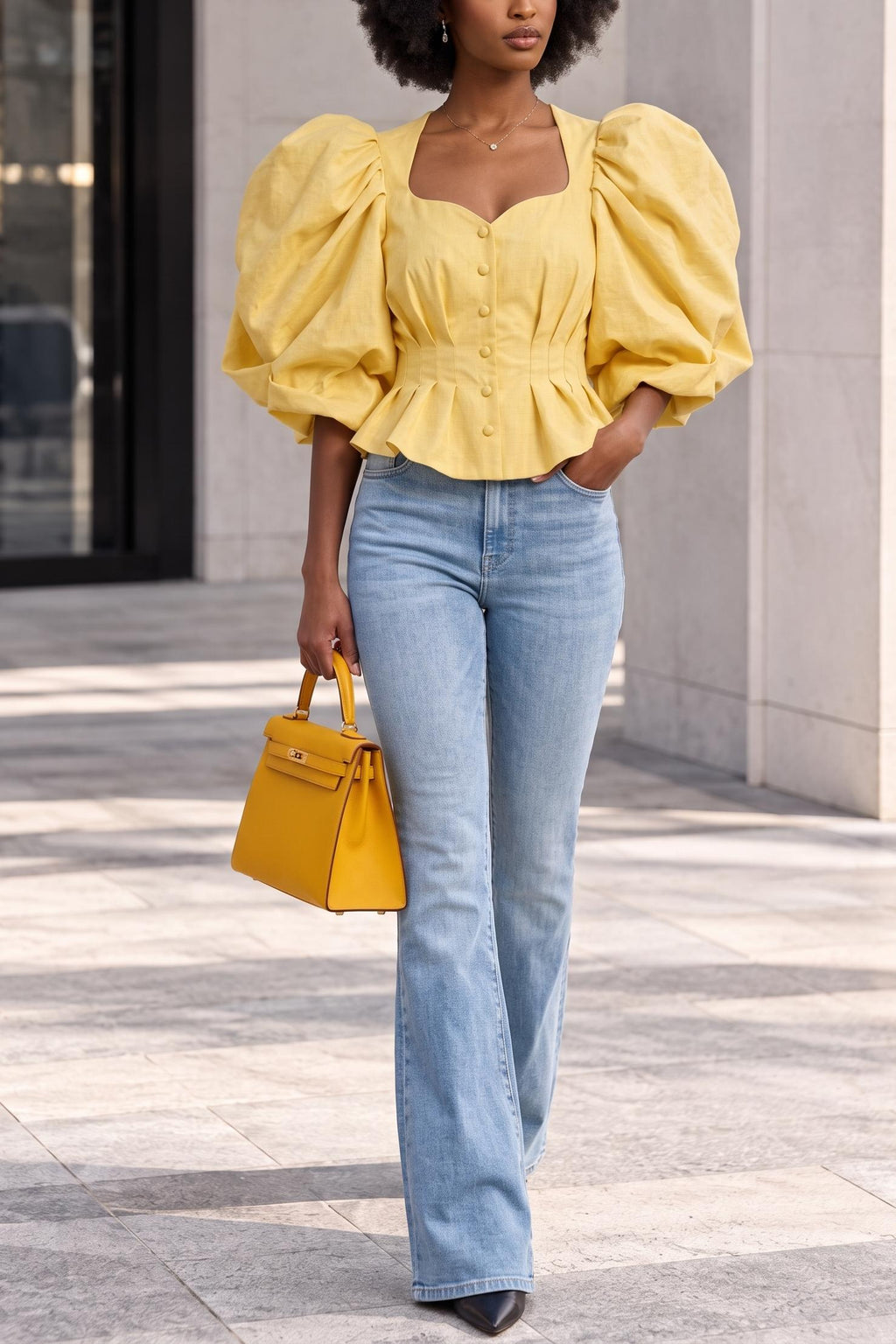Women's Exaggerated Puff Sleeve Peplum Top Sweetheart Neck Button Down Corset Blouse Chic Pleated Waist Babydoll Shirts