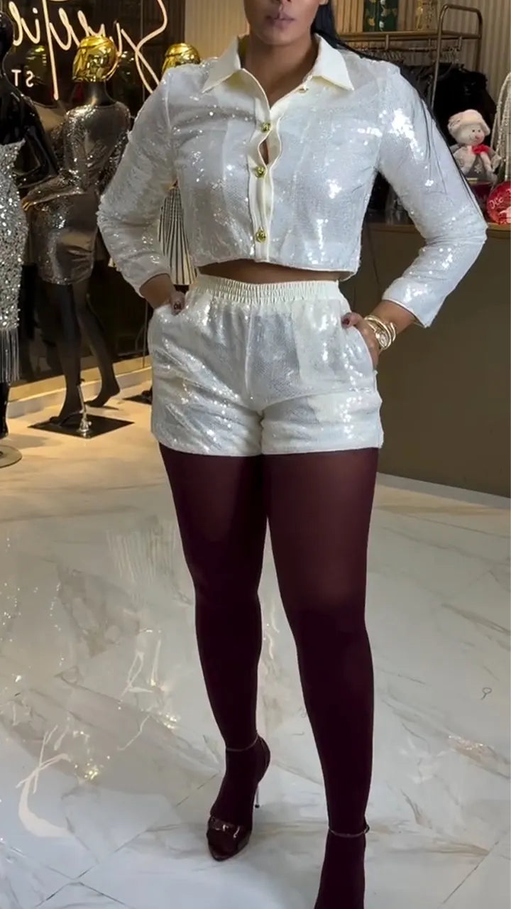 Women Collar Slim Flash Top+ Shorts Casual Suit