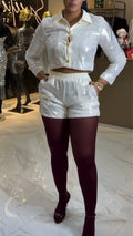 Women Collar Slim Flash Top+ Shorts Casual Suit