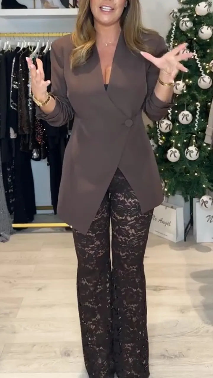 Women Irregular Jacket+ Printed Hollow Lace Pants Temperament Commuting Set