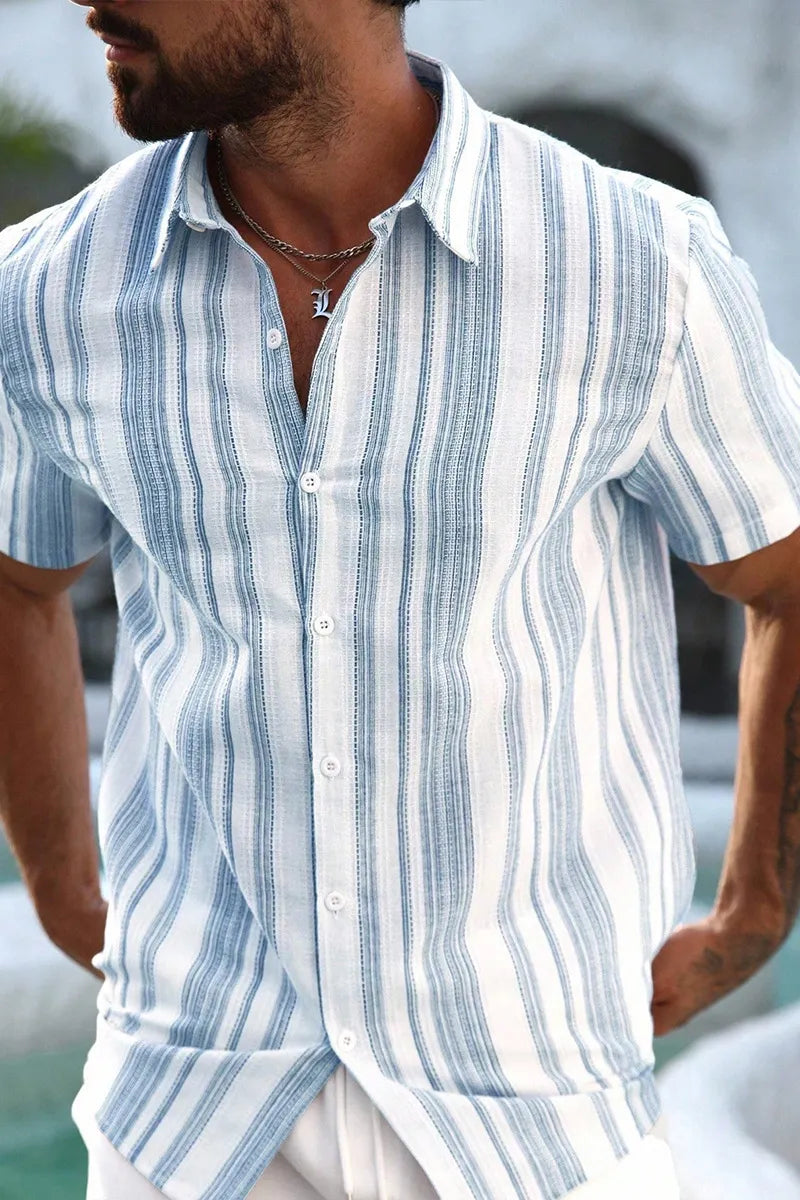Men Blue White Vertical Stripe Textured Lapel Short Sleeve Button Down Shirt