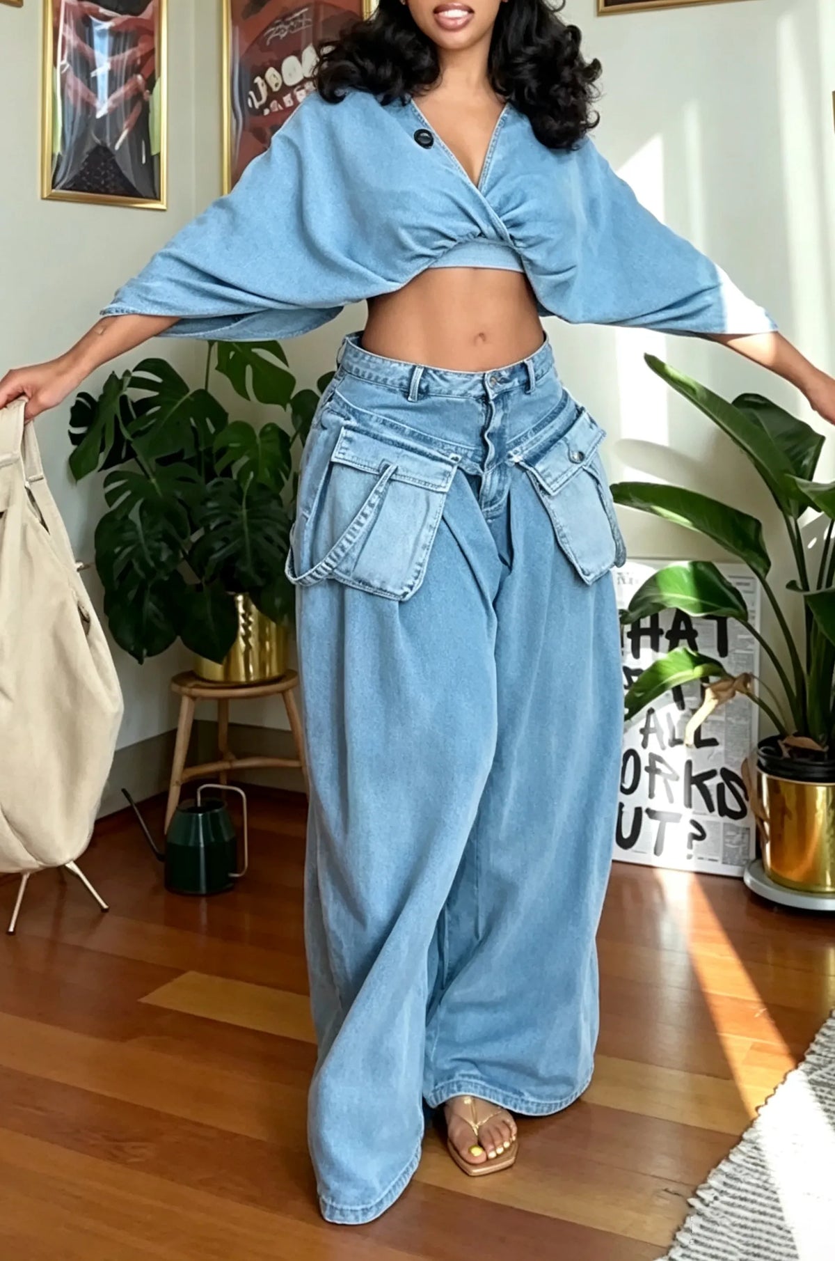 Women's Fashion Batwing Sleeve Short Denim Top or 3D Pocket Jeans