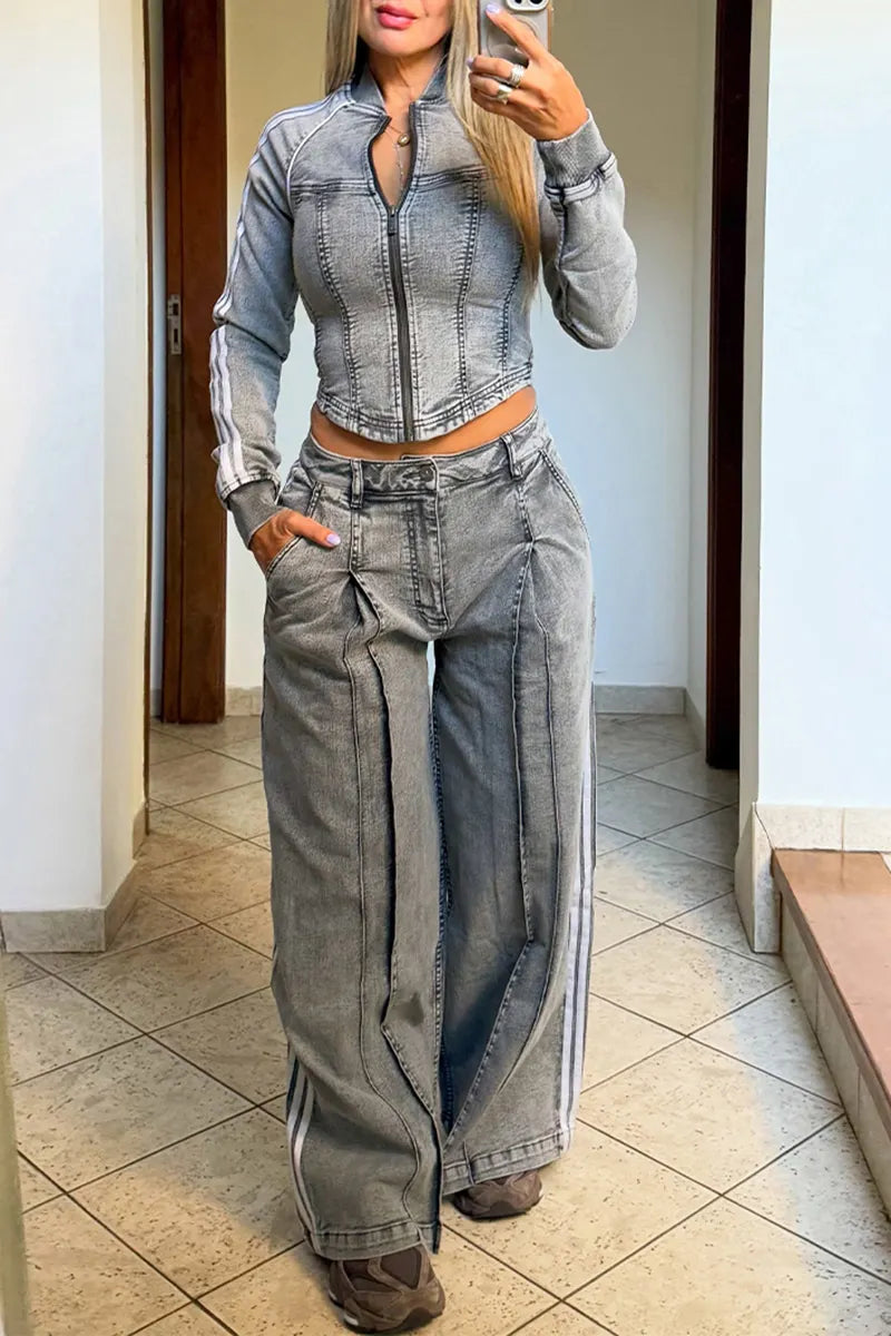 Women's Casual Slim Denim Jacket or Wide Leg Jeans