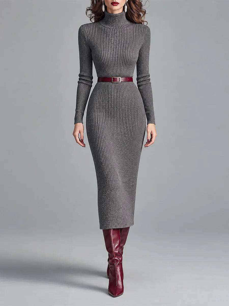 Elegant High Neck Ribbed-knit Slim-fit Midi Dress With Belt