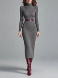 Elegant High Neck Ribbed-knit Slim-fit Midi Dress With Belt