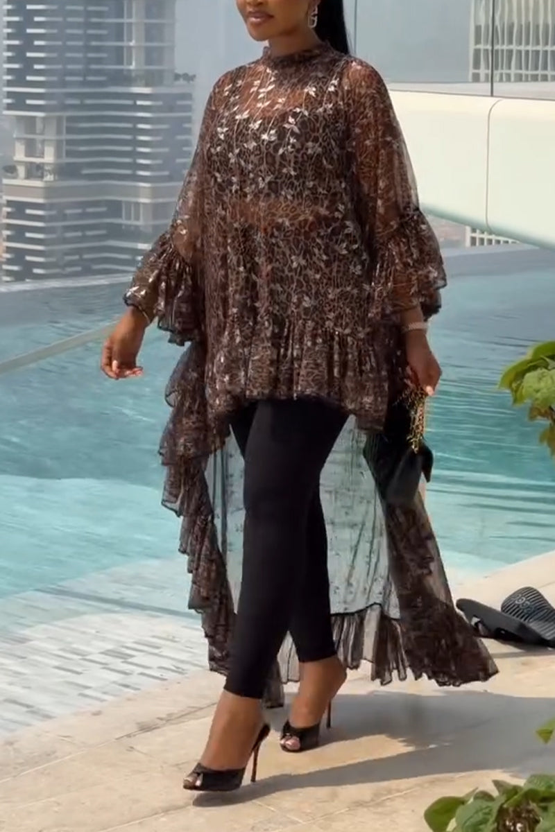 Women's Round Neck Printed See Through Spliced Long Cover Shirt
