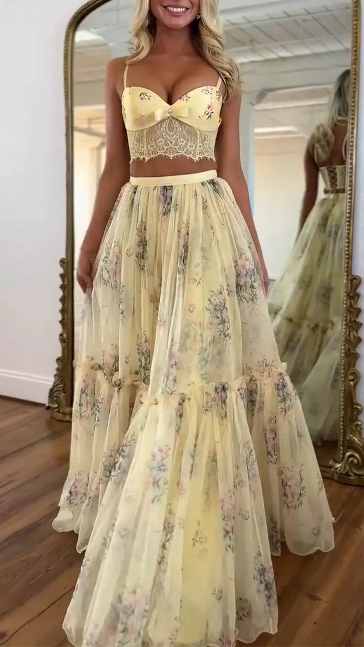 Women Spaghetti Strap Patchwork Top+half Skirt Elegant Temperament Set