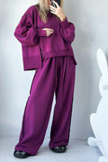 Women Round Neck Spliced Sweatshirt + Drawstring Pants Casual Set
