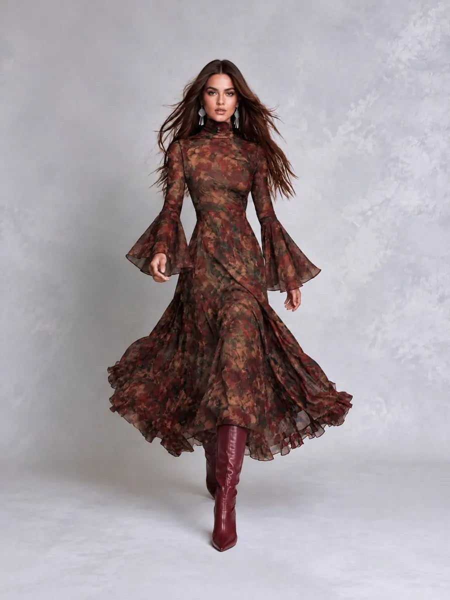 Boho Floral Print Mock Neck Bell Sleeve Ruffle Hem Midi Dress