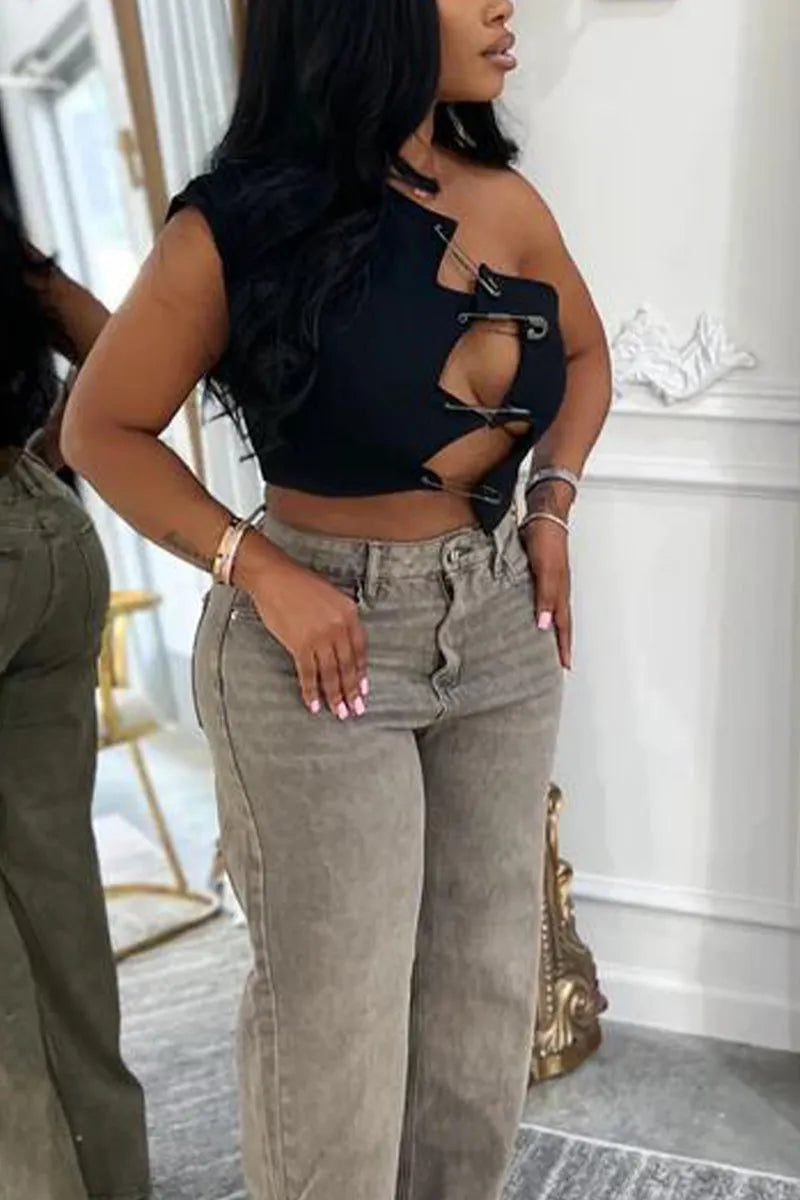 Women Irregular Pin Design Hollowed Out Sexy Casual Top