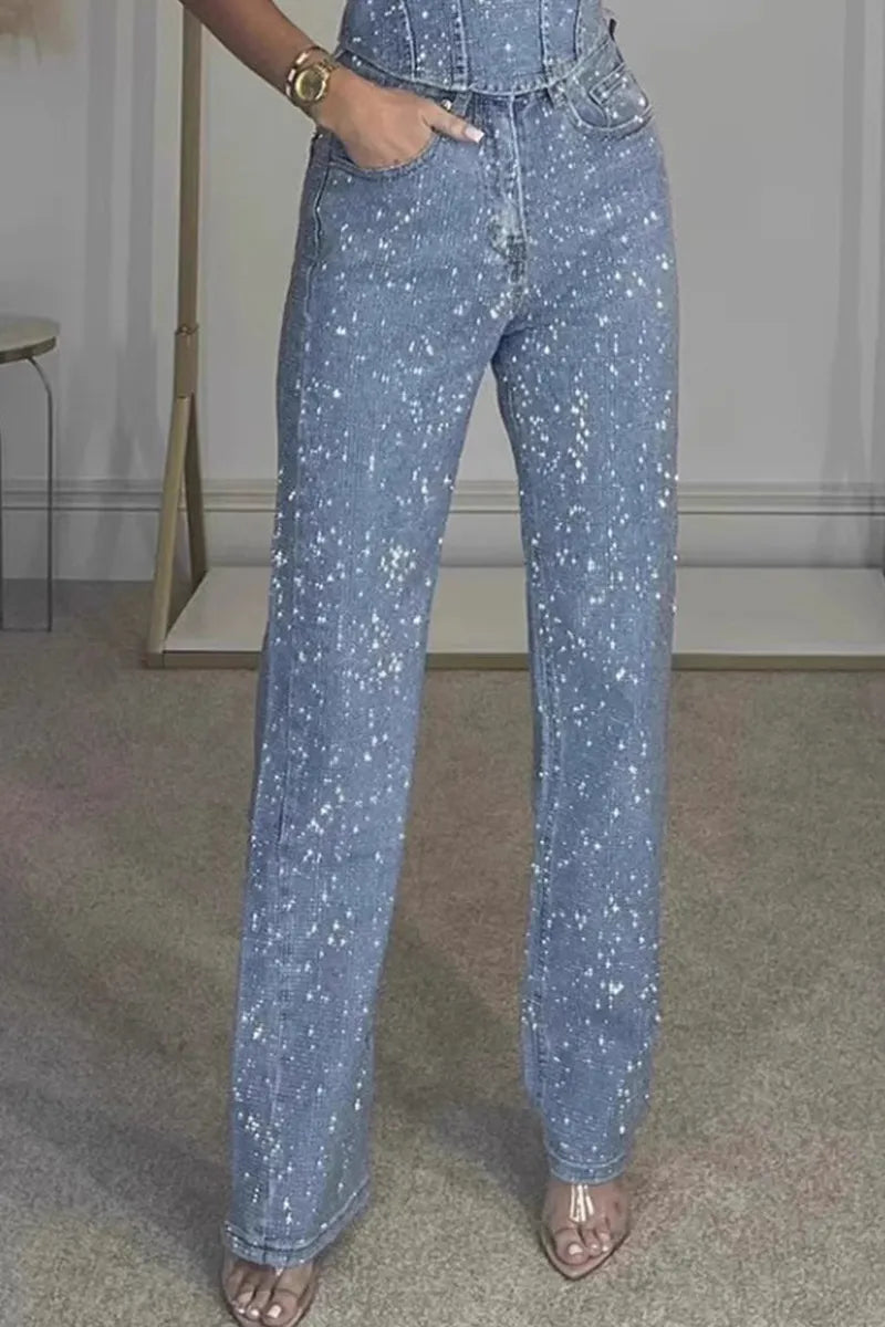 Ladies' Sexy Off Shoulder Sparkling Camisole With Diamond Trim Pants
