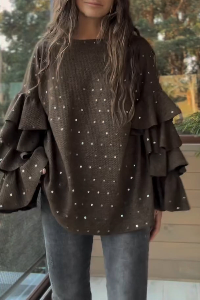 Women's Round Neck Rhinestone Spliced Multi-layer Sleeve Casual Knitted Top