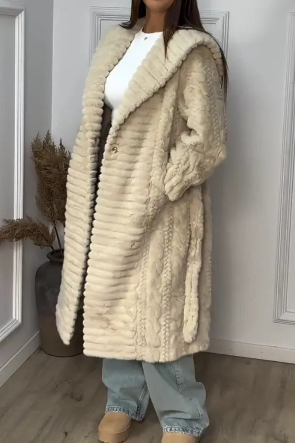 Women Casual Soft Textured Pattern Tie-up Plush Warm Coat