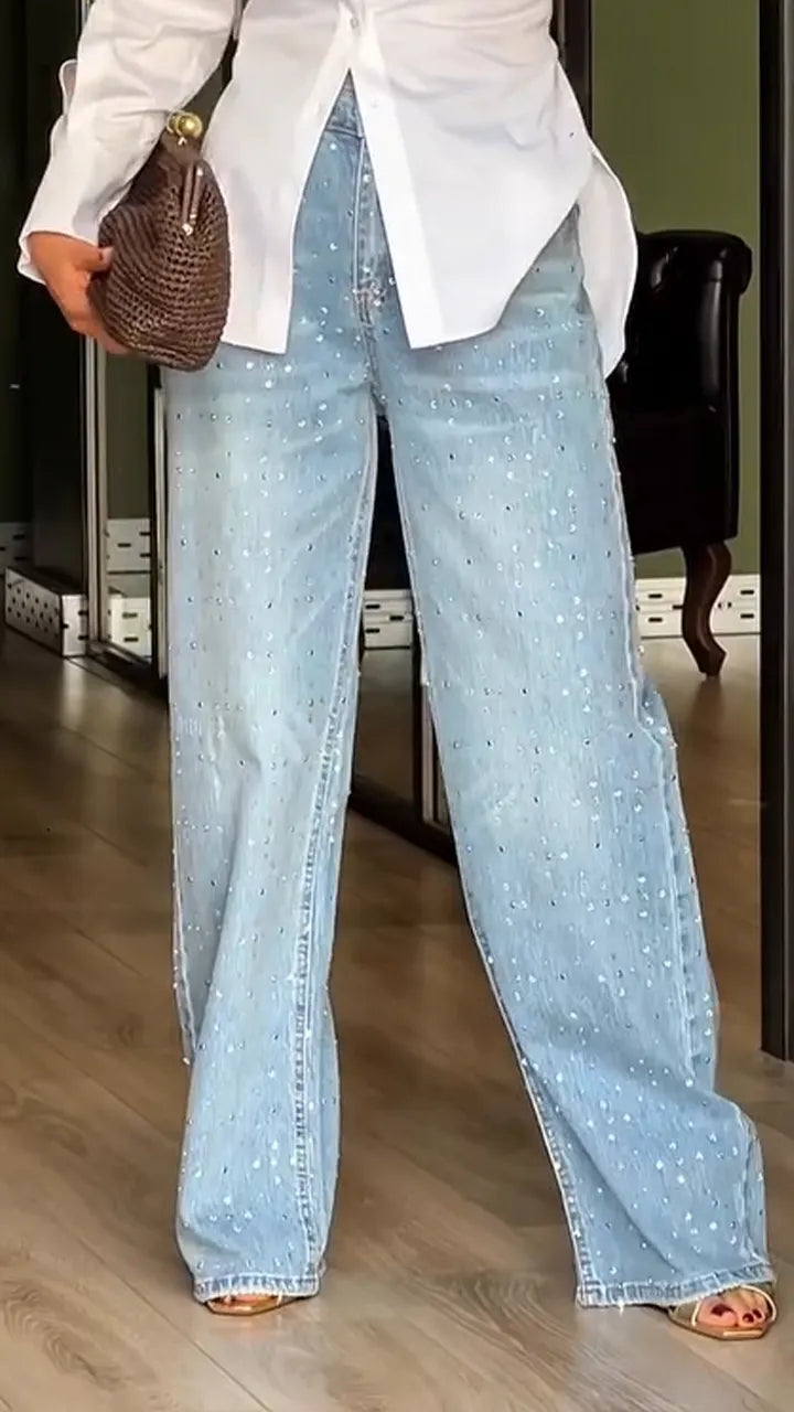 Women Collar Back Hollow Strap Design Shirt + Rhinestone Washed Denim Jeans