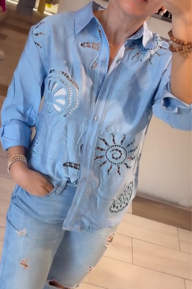 Women Collar Pattern Hollowed Out Shirt or Washed Ripped Jeans
