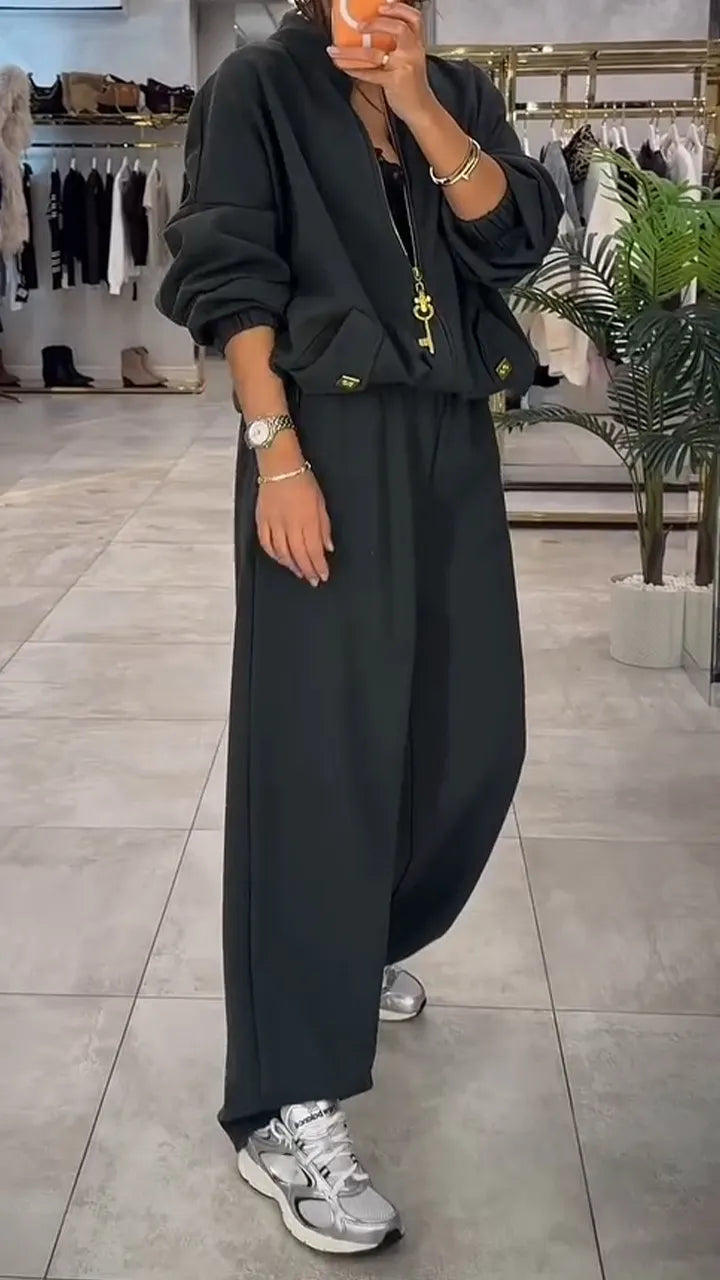 Women Round Neck Jacket+ Pants Casual Suit
