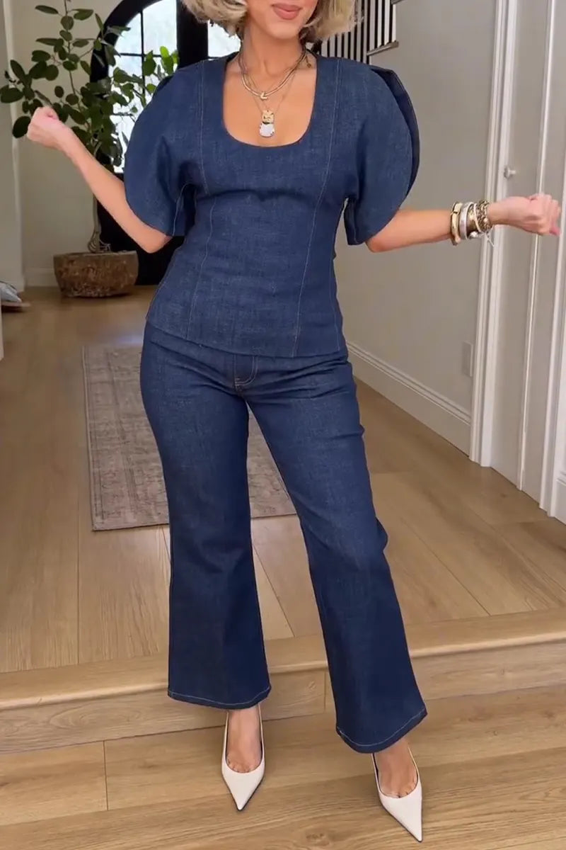 Women's Casual Curved Sleeve Denim Top or Ankle Jeans