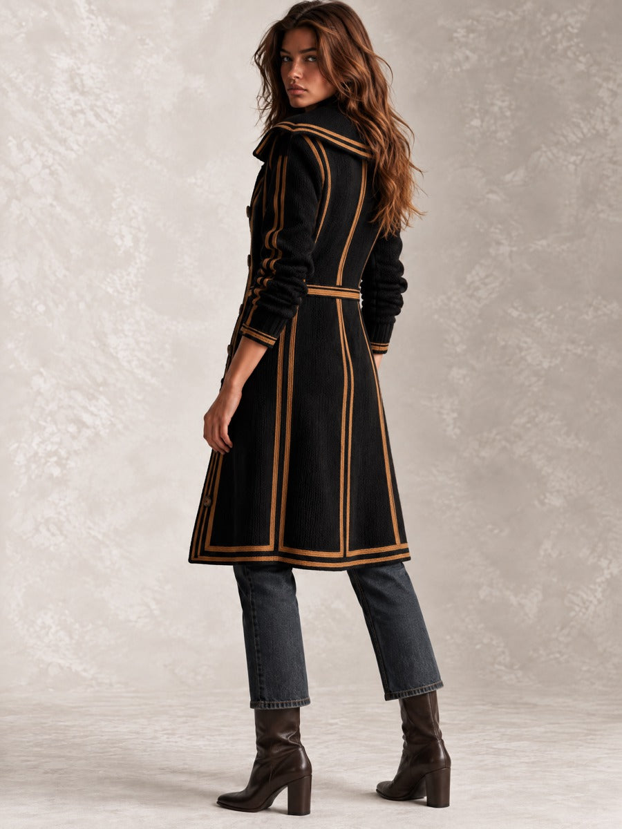 Retro Black Knit Long Tailored Cardigan Coat With Contrast Trim