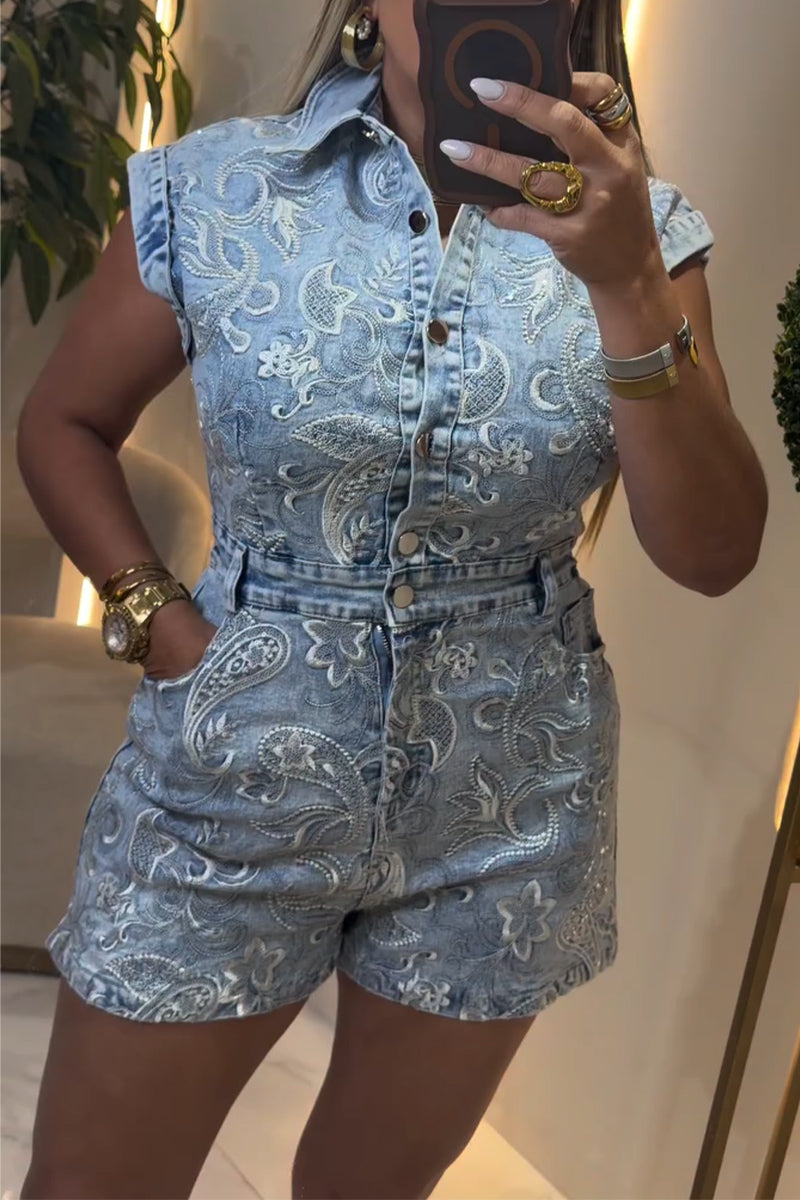 Women Collar Patchwork Pattern Nail Bead Casual Short Denim Jumpsuit