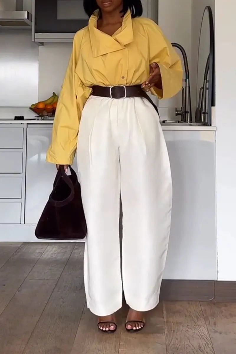 Women Collar Style Casual Jacket or Wide Leg Pants