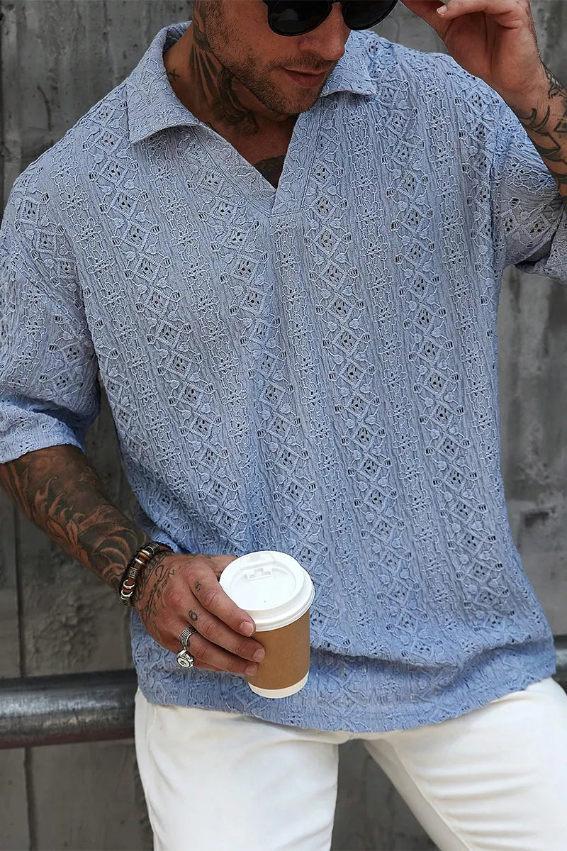 Men's Aqua Blue Summer Casual Vacation Knitted Mesh Texture Polo Shirt,Bohemian Crochet Jacquard V-Neck Short-Sleeve Loose Top For Beach Festivals