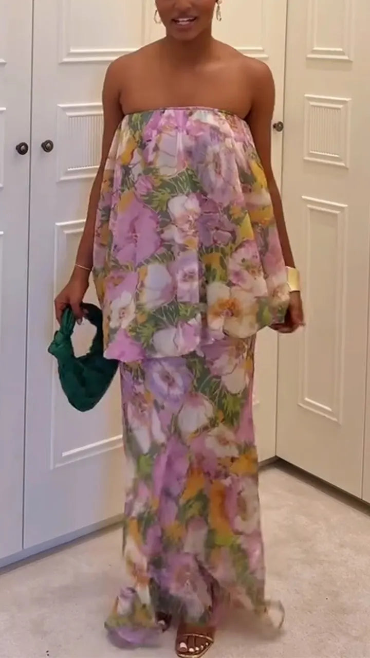 Women Strapless Printed Top + Half Skirt Vacation Casual Style Set