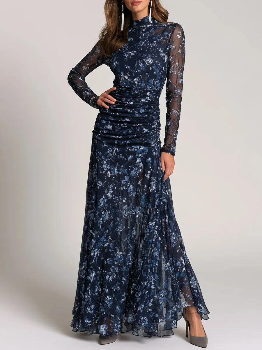 Elegant Mock Neck Navy Floral Print Mesh Ruched Maxi Dress