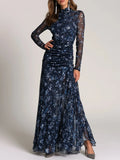 Elegant Mock Neck Navy Floral Print Mesh Ruched Maxi Dress