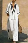 Women Collar and Elbow Long Sleeved Shirt + Pants Loose Casual Suit